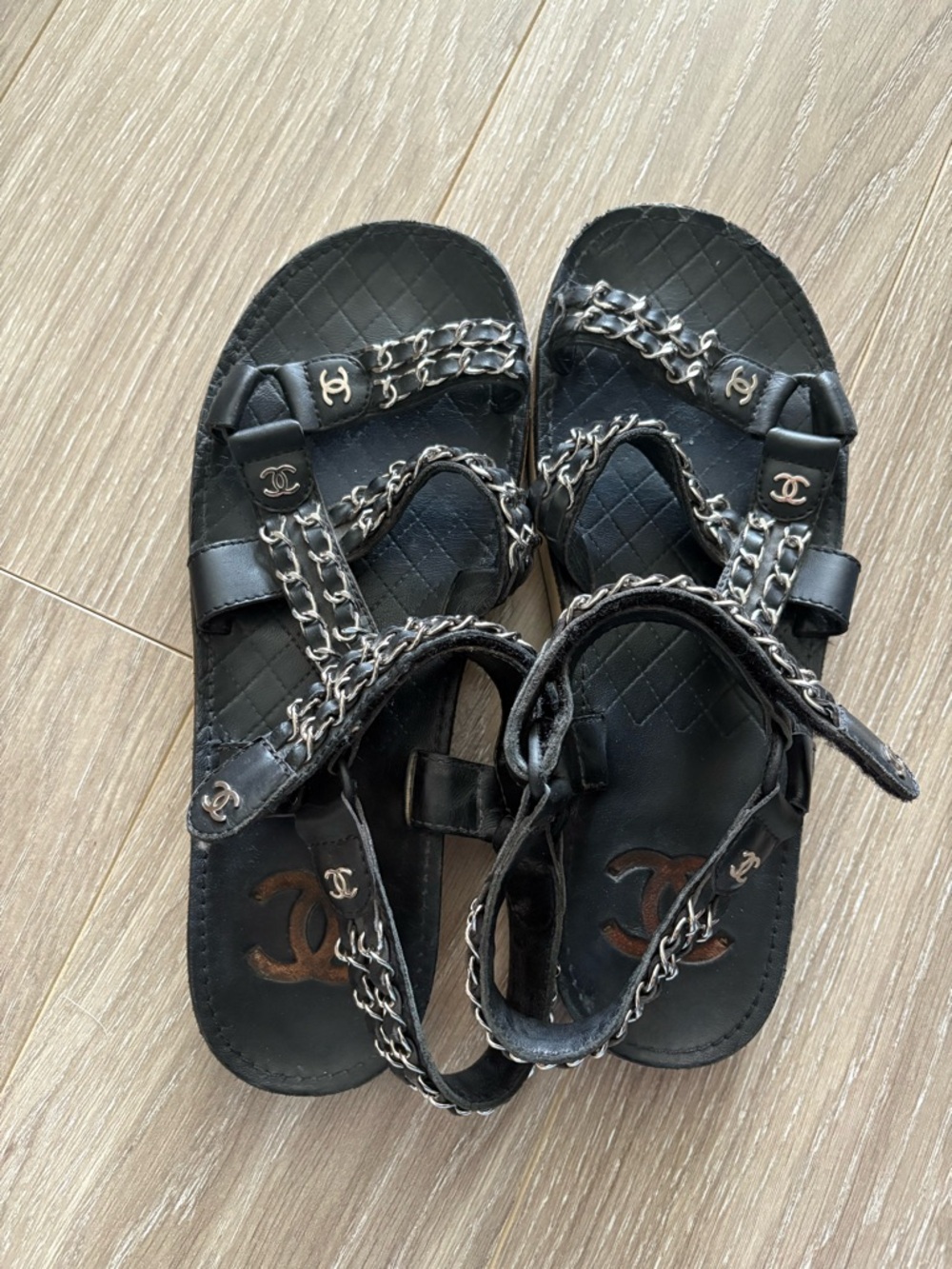 CHANEL Black Chain-Trim Women’s Triple-Strap Sandals FITS US 7